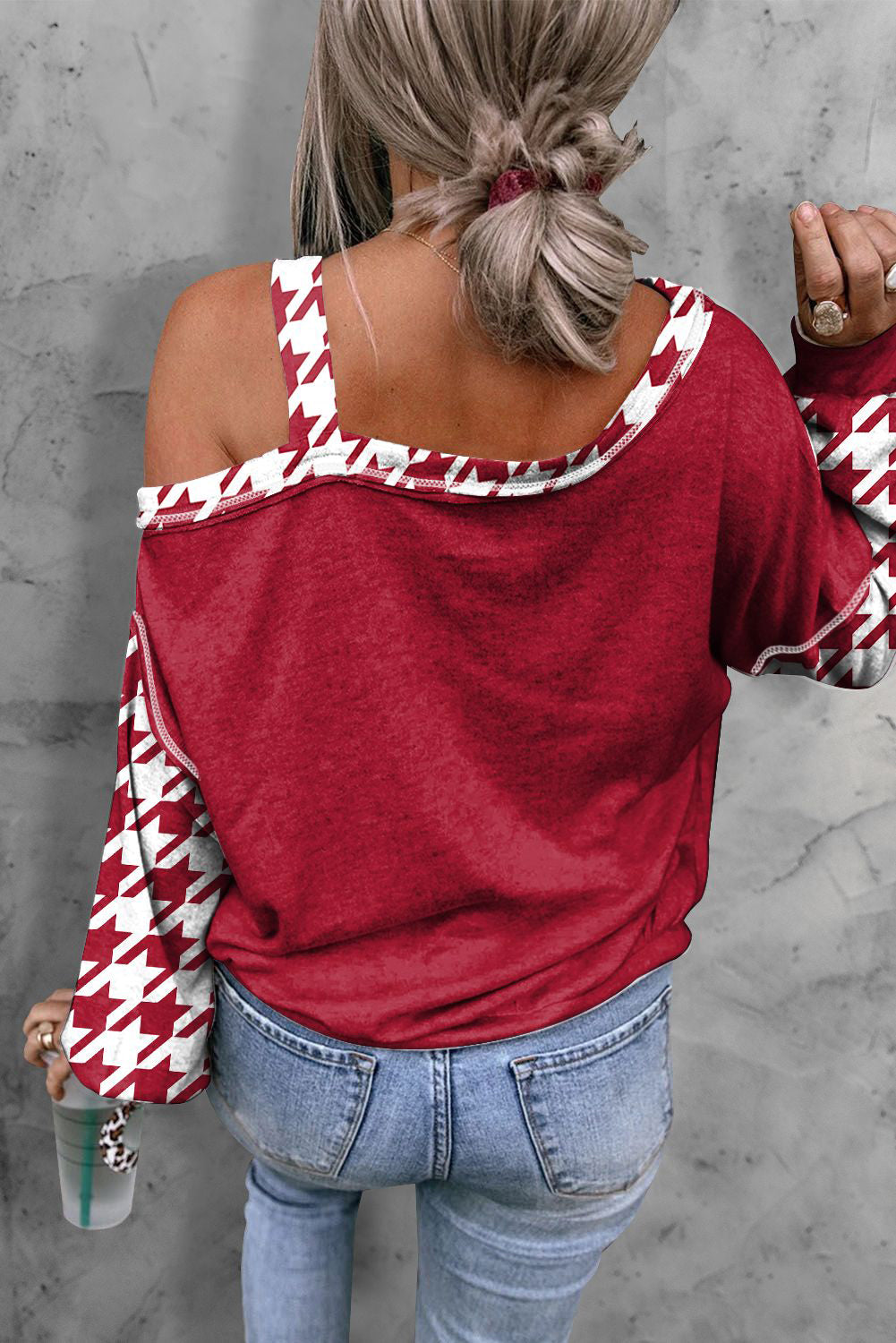 Asymmetrical Neck Houndstooth Long Sleeve Top - Slightly Stretchy, Opaque Fabric, Basic Style