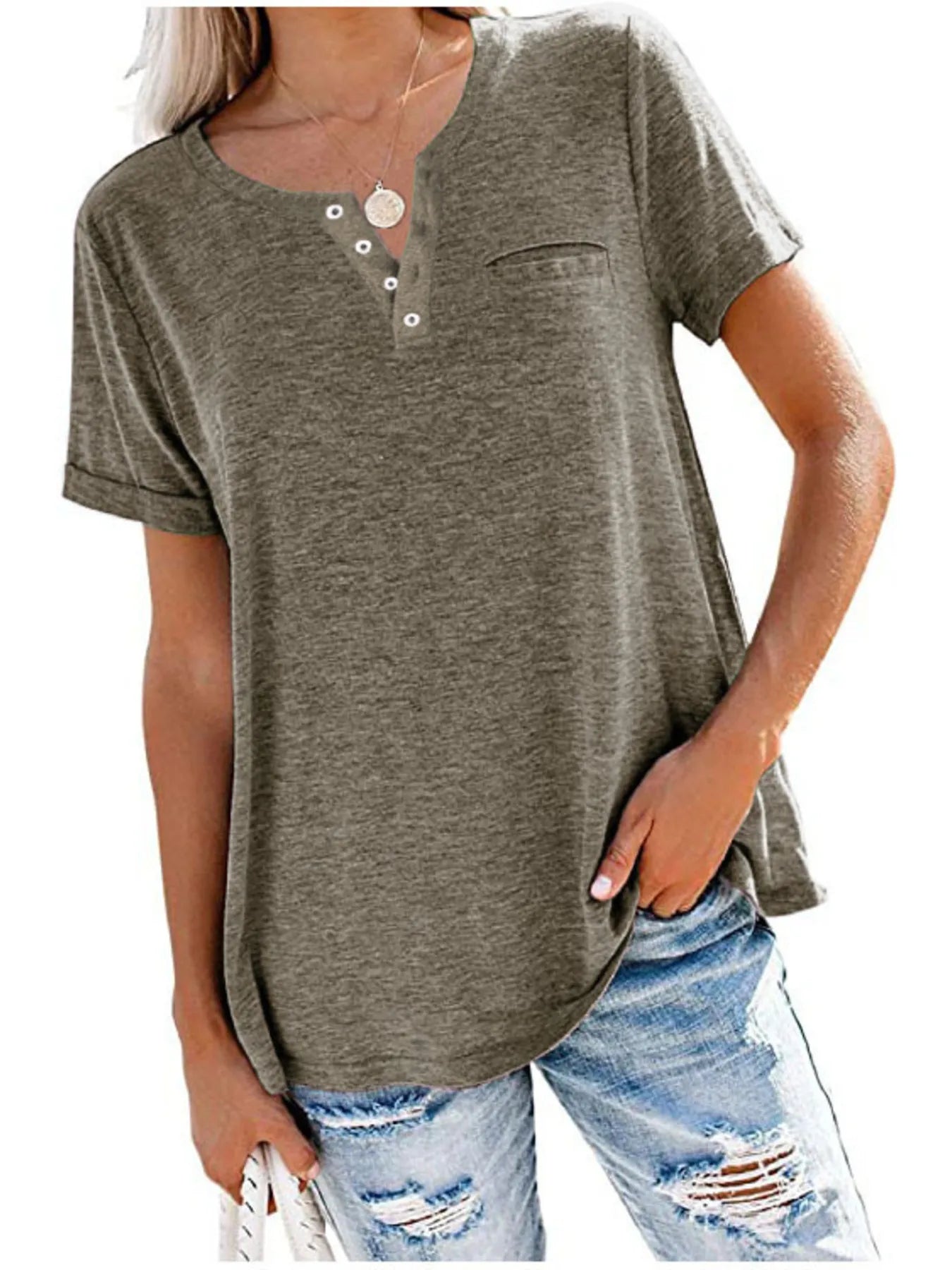 Trendsi Plus Size Full Length Notched Short Sleeve T-Shirt - Slightly Stretchy Comfort Fit
