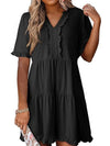 Tiered Notched Short Sleeve Mini Dress Black