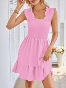 Smocked Square Neck Wide Strap Dress Pink