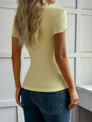 Lace Detail Short Sleeve T-Shirt with Buttoned Closure - Stretchy Polyester Blend Top - Store 42