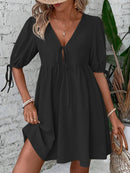V-Neck Tie-Front Mini Dress with Puff Sleeves