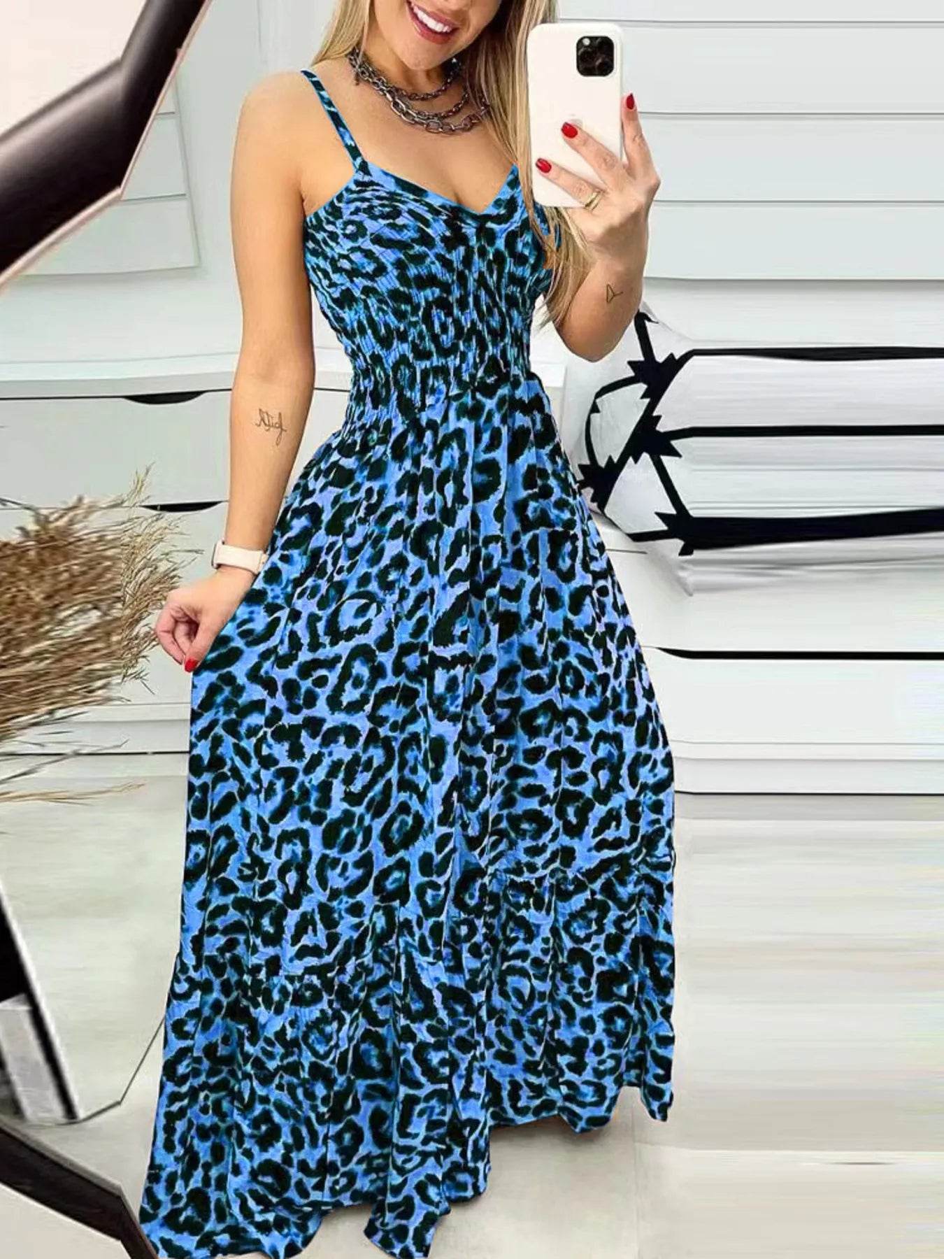 Full Size Leopard Print Spaghetti Strap Maxi Dress Plus Size - Store 42