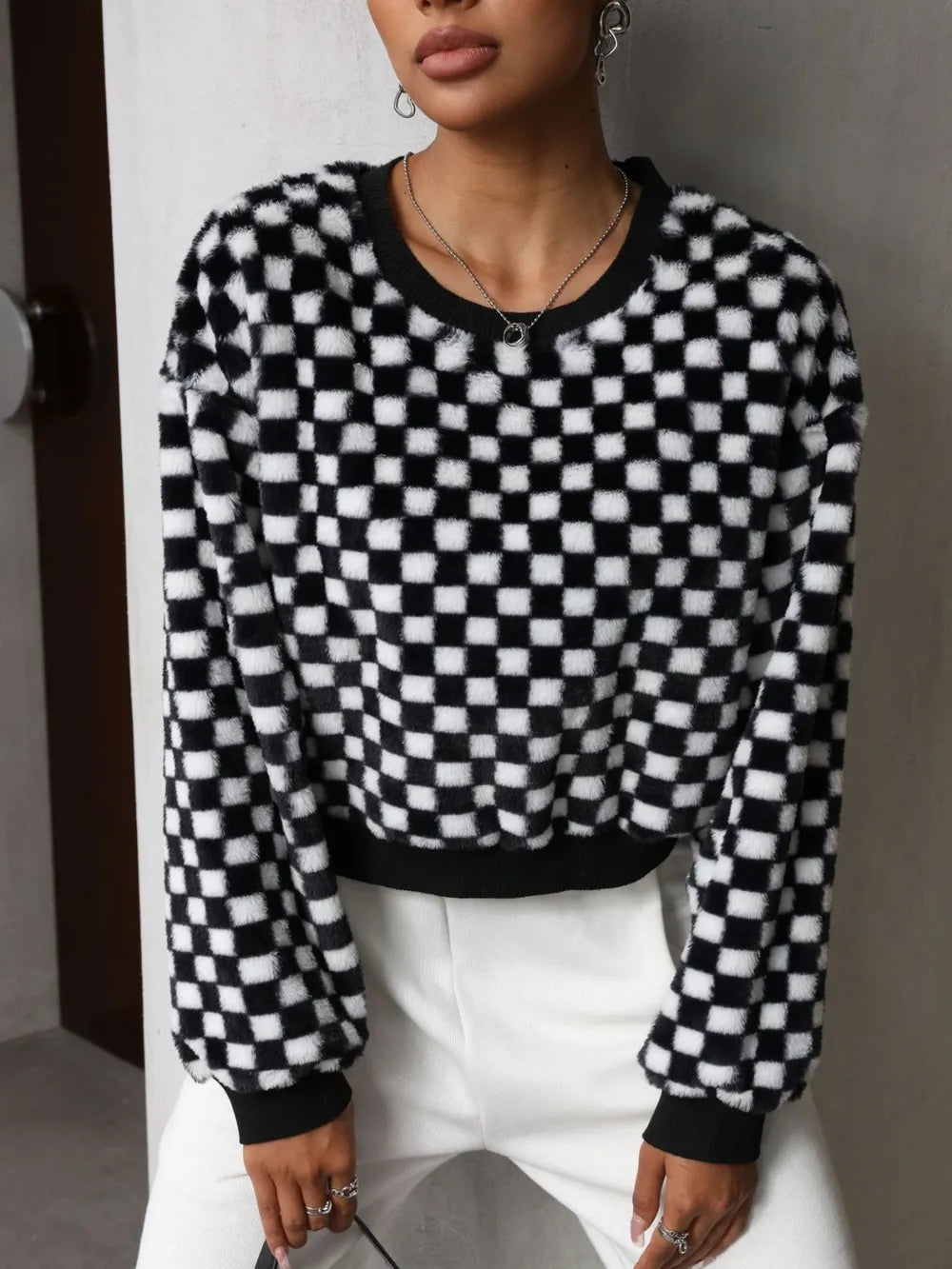 Trendsi Plaid Round Neck Long Sleeve Sweatshirt - 100% Polyester, Opaque, No Stretch