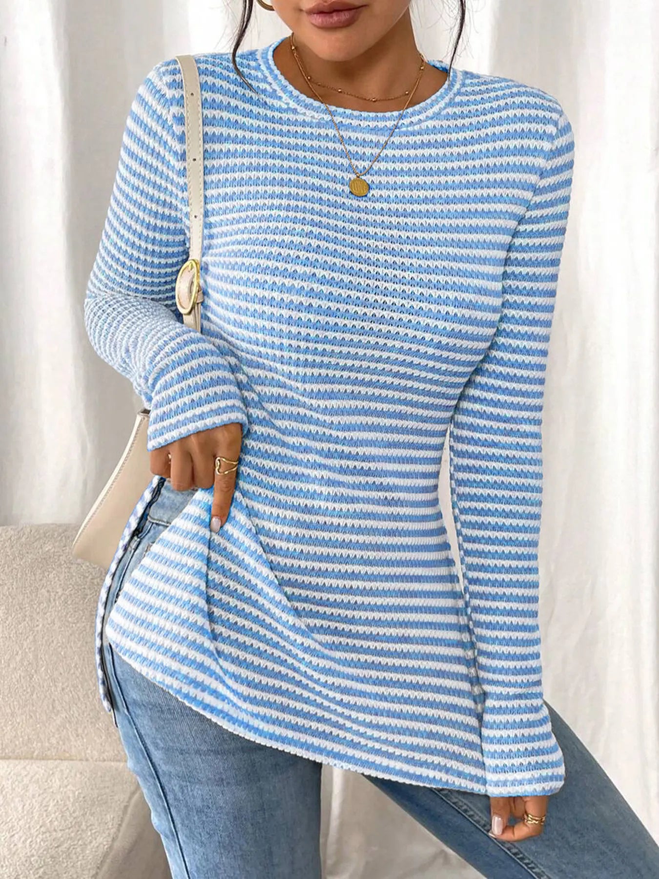 Trendy Side Slit Striped Long Sleeve T-Shirt in Stretchy Viscose Spandex Blend