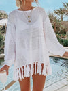 Angel Wings Openwork Tassel Hem Long Sleeve Knit Cover Up White