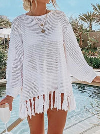 Angel Wings Openwork Tassel Hem Long Sleeve Knit Cover Up White