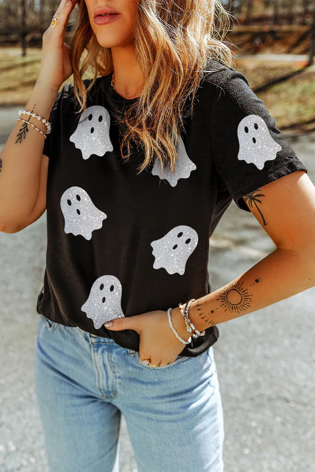 Glitter Ghost Short Sleeve T-Shirt for Women - Slightly Stretchy Opaque Fabric, Machine Washable