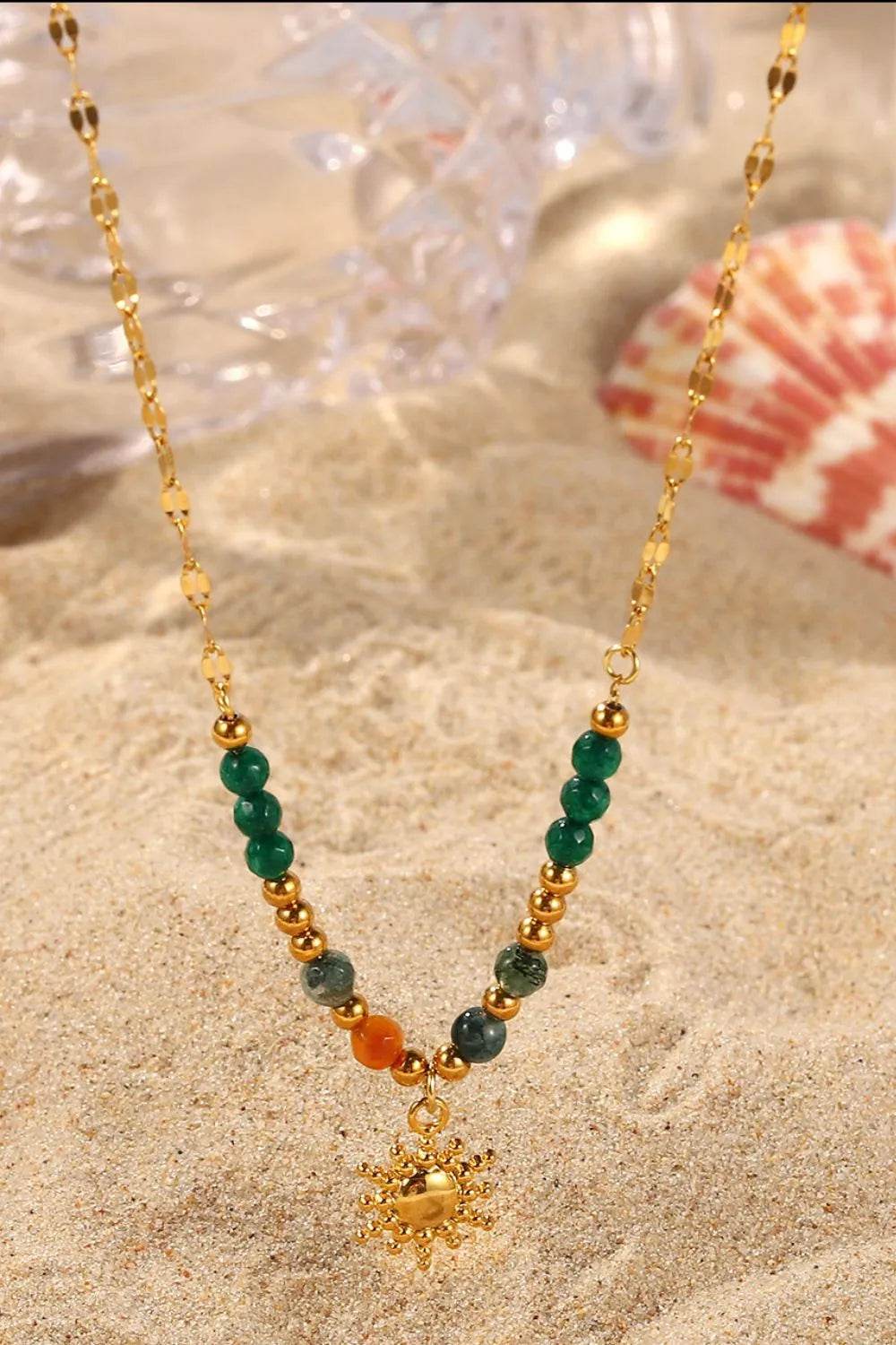 Bohemian Sun Charm Beaded Stainless Steel Necklace