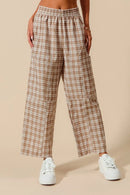 SO ME Check Plaid Wide Leg Pants with Big Patch Pockets COFFEE IVORY