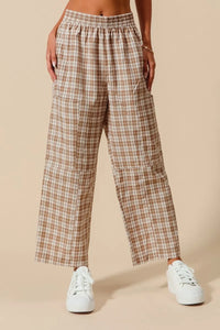 SO ME Check Plaid Wide Leg Pants with Big Patch Pockets COFFEE IVORY