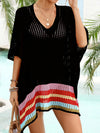 Slit Openwork V-Neck Half Sleeve Cover-Up Black One size