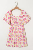 Floral Square Neck Puff Sleeve Pleated Flared Midi Dress