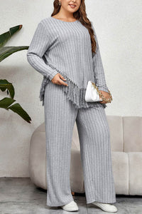 Honey Plus Size 2-Piece Tassel Hem Top & Pants Set - Slightly Stretchy & Stylish - Store 42