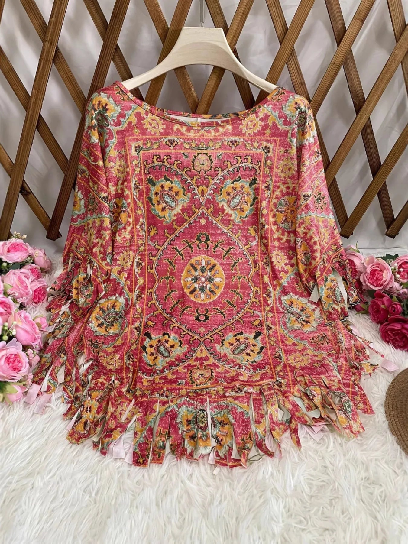 Plus Size 100% Polyester Fringe Round Neck Cover Up - Stylish Beachwear for XL to 5XL