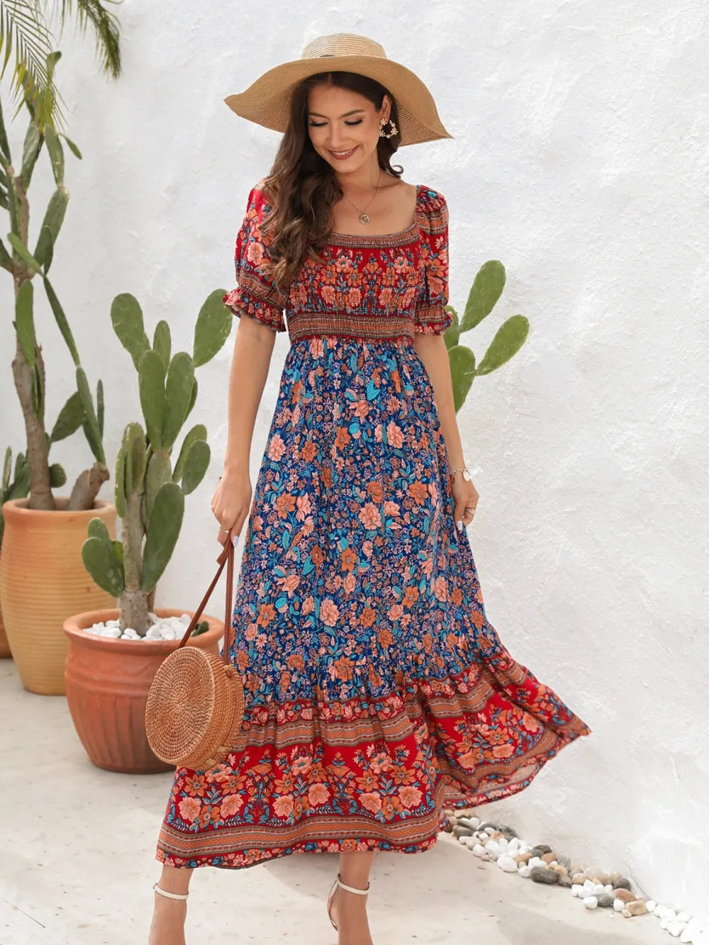 Floral Flounce Sleeve Midi Dress Dark Blue