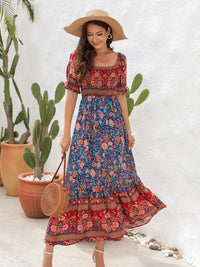 Floral Flounce Sleeve Midi Dress Dark Blue