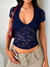 Devine V-Neck Short Sleeve Lace Top Dark Blue