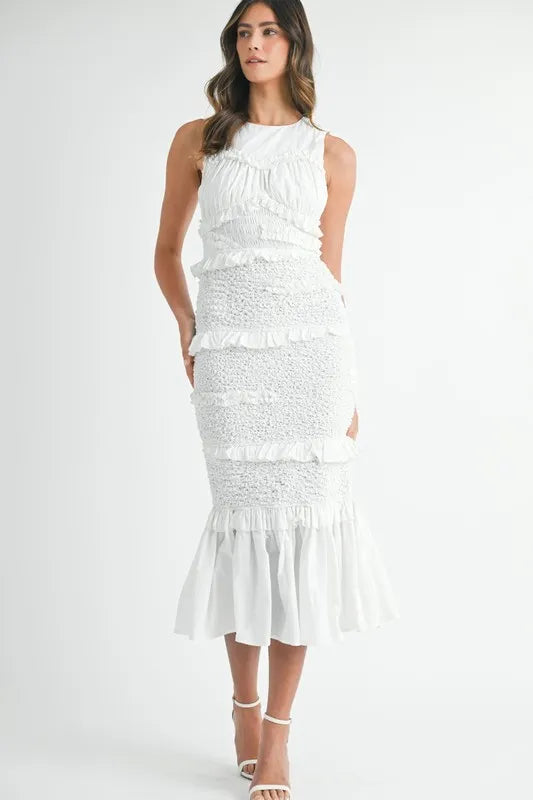 MABLE Ruffled Popcorn Smocked Mermaid Midi Dress with Frills - Elegant Summer Fashion