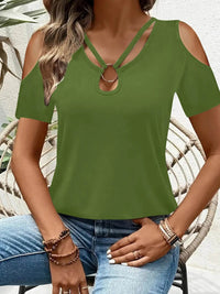 Sleek Cold Shoulder T-Shirt With Eye-Catching Metal Ring Detail - 95% Polyester, Slightly Stretchy - Store 42