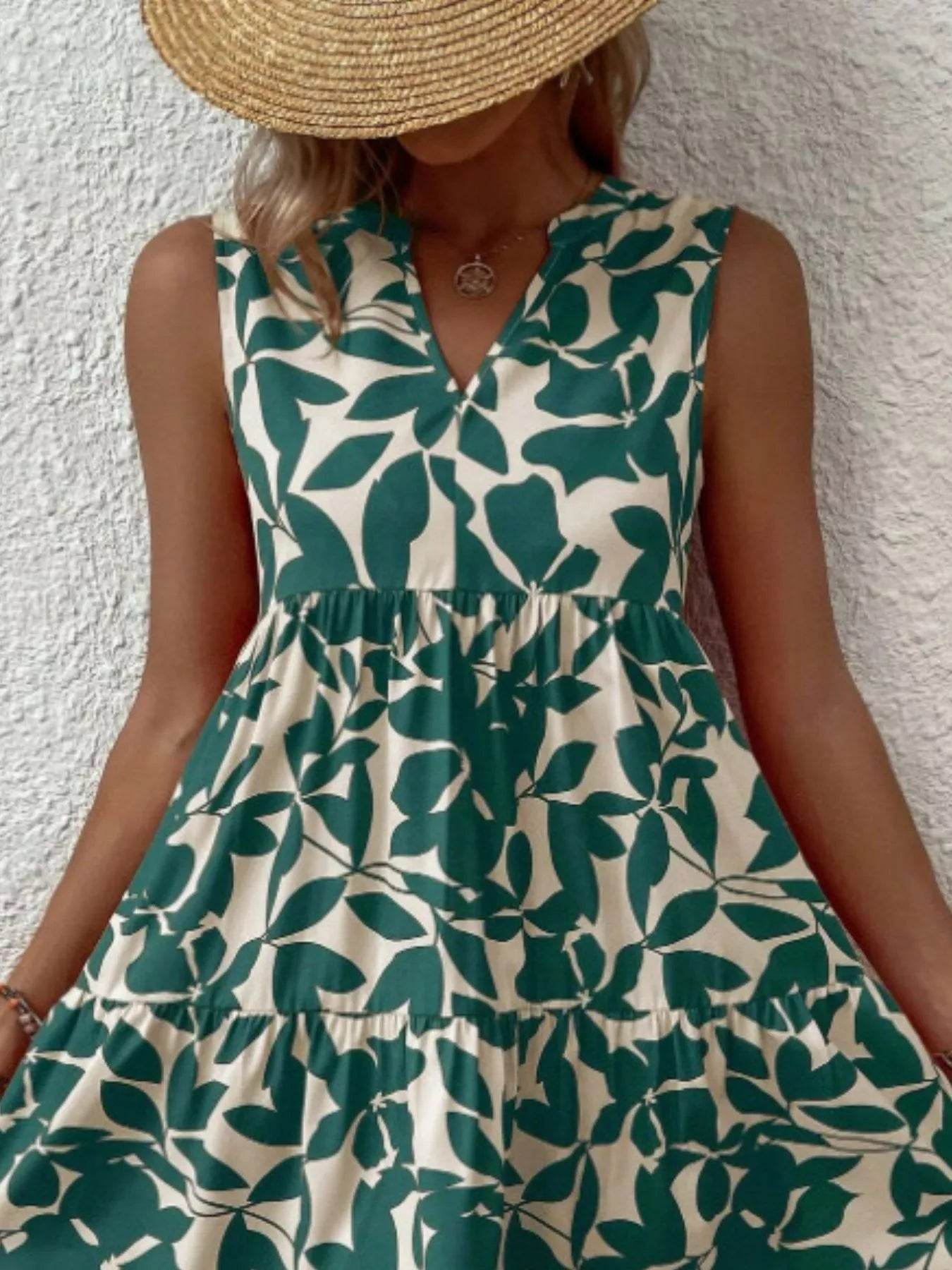 Full Size Printed Notched Sleeveless Mini Dress Plus Size - Store 42