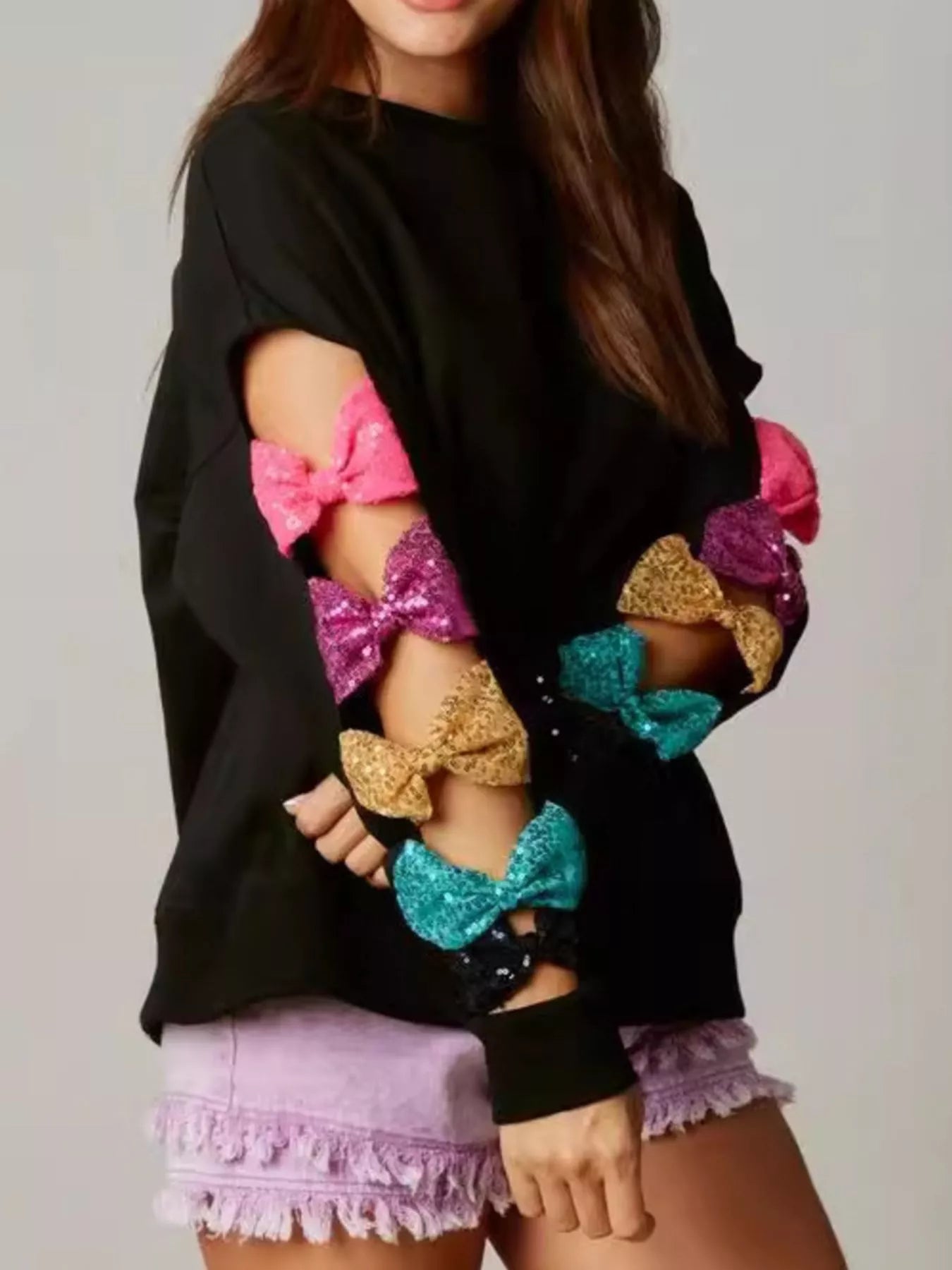 Trendy Sequin Bow Cutout Round Neck Sweatshirt - Slightly Stretchy Polyester Top
