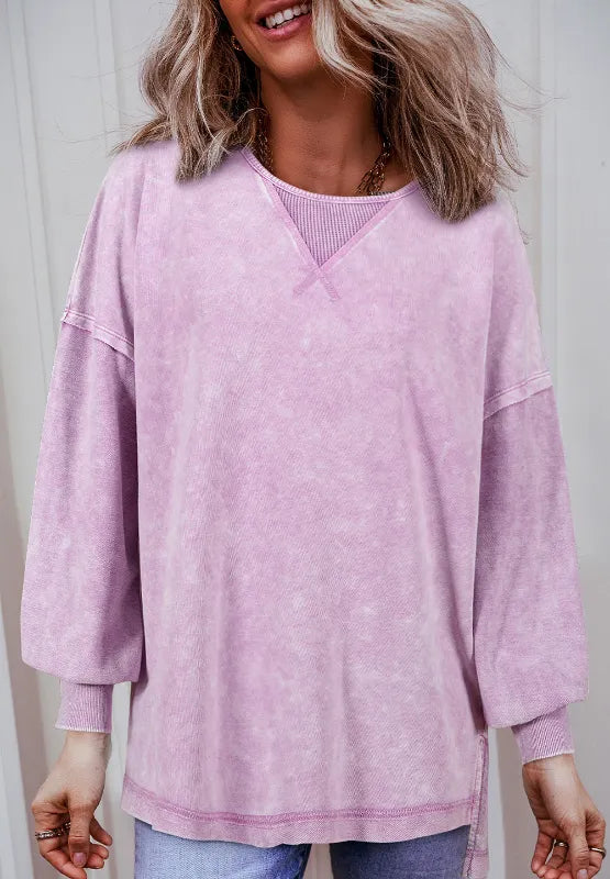 Trendsi Exposed Seam Round Neck Long Sleeve Sweatshirt - Soft Cotton Blend, Opaque, Casual Style