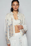 POL Floral Slit Back Plaid Patchwork Shirt Ivory