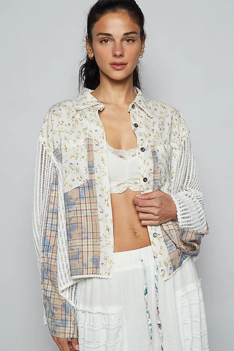 Oversized POL Floral Plaid Patchwork Button-Down Shirt with Slit Back Design