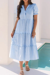 Stripe Bubble Short Sleeve Tiered Scallop Midi Dress Light Blue