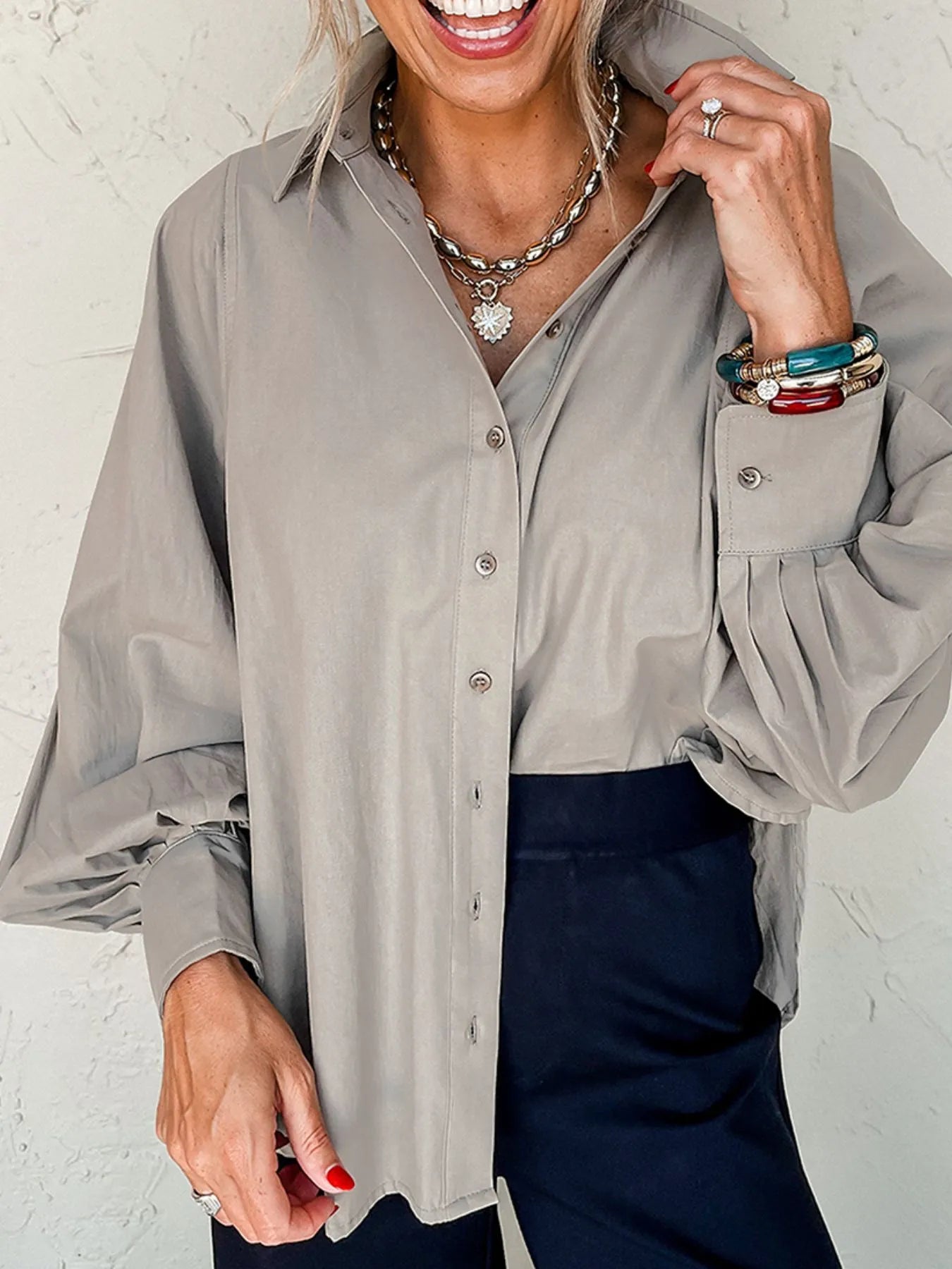 Trendsi Button Up Lantern Sleeve Cotton Shirt - Classic Style & Comfortable Fit