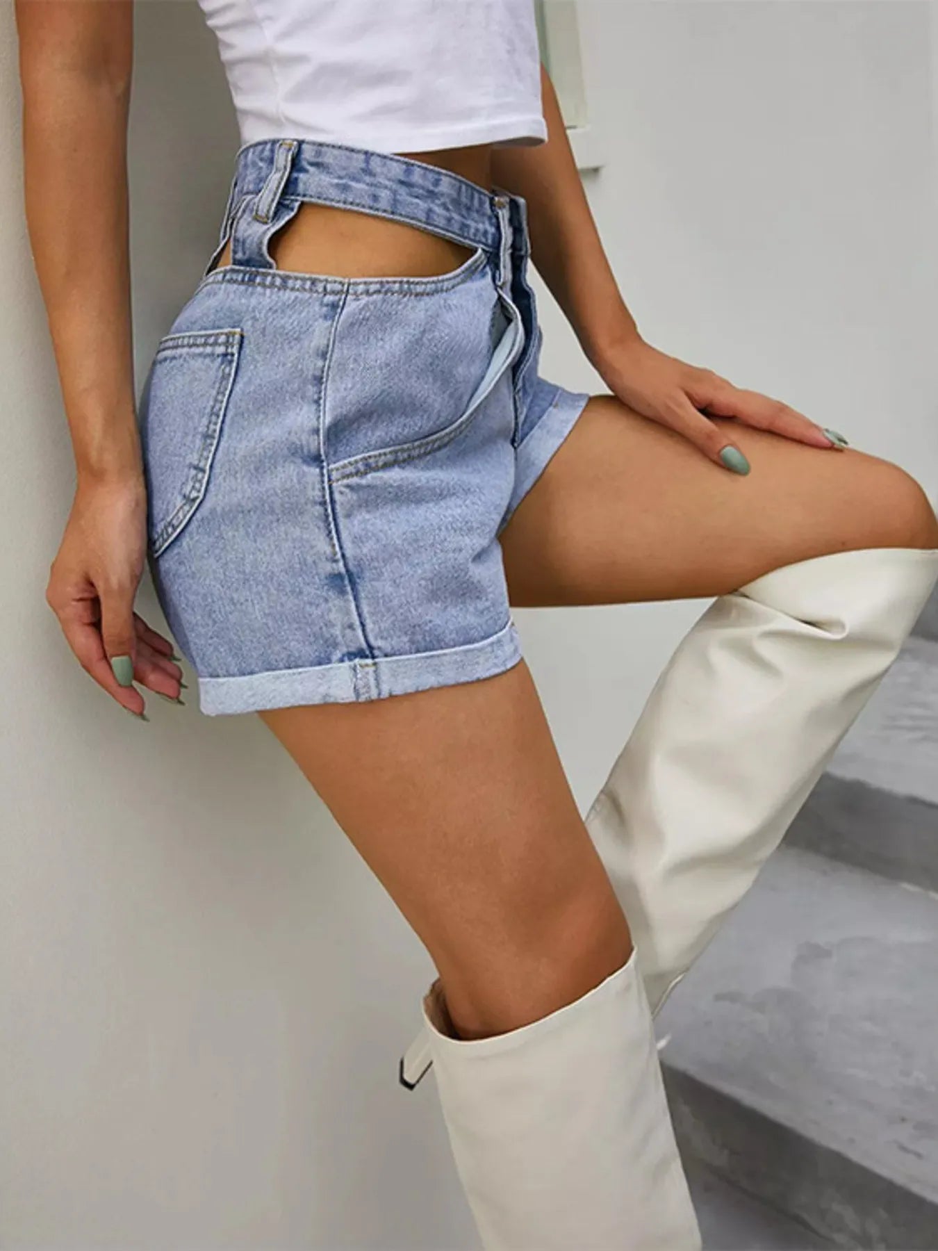 Trendy High-Waisted Cutout Denim Shorts with Pockets - Slightly Stretchy Cotton Blend