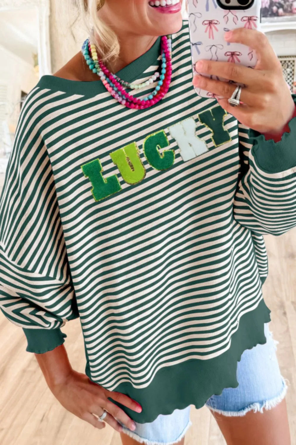 LUCKY Striped Long Sleeve Sweatshirt with Round Neck - Opaque & Slightly Stretchy Fabric