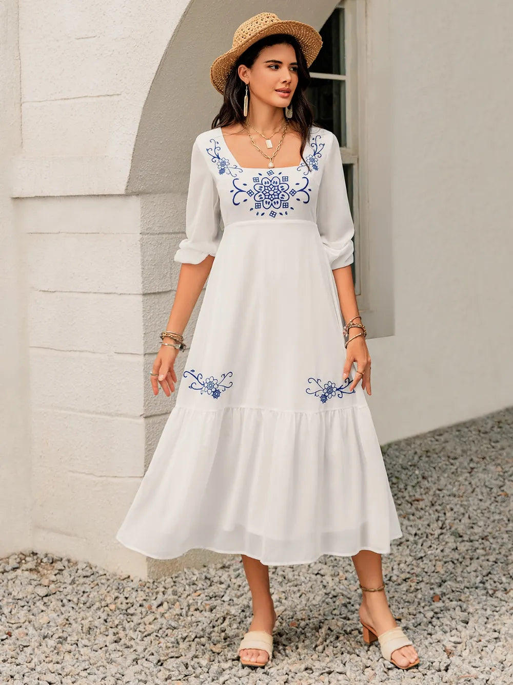 Printed Square Neck Balloon Sleeve Dress
