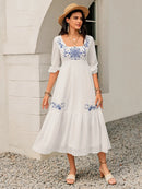 Printed Square Neck Balloon Sleeve Dress