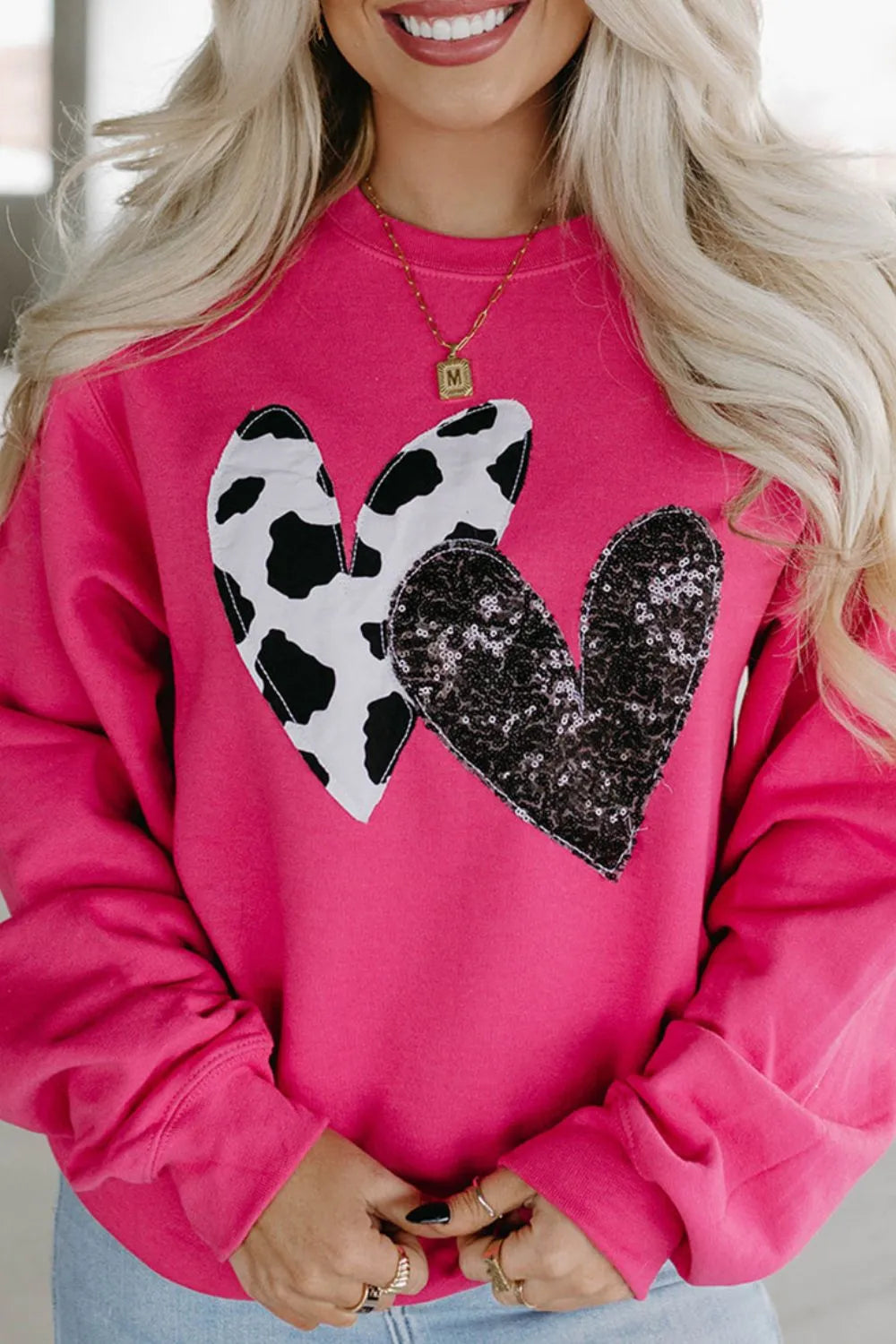 Sequin Heart Patch Long Sleeve Sweatshirt in Opaque Fabric - Slightly Stretchy Comfort