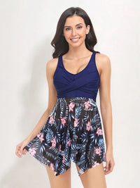 Printed Wide Strap Two-Piece Swim Set Navy