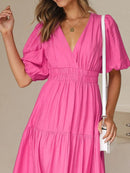 V-Neck Puff Sleeve Midi Dress