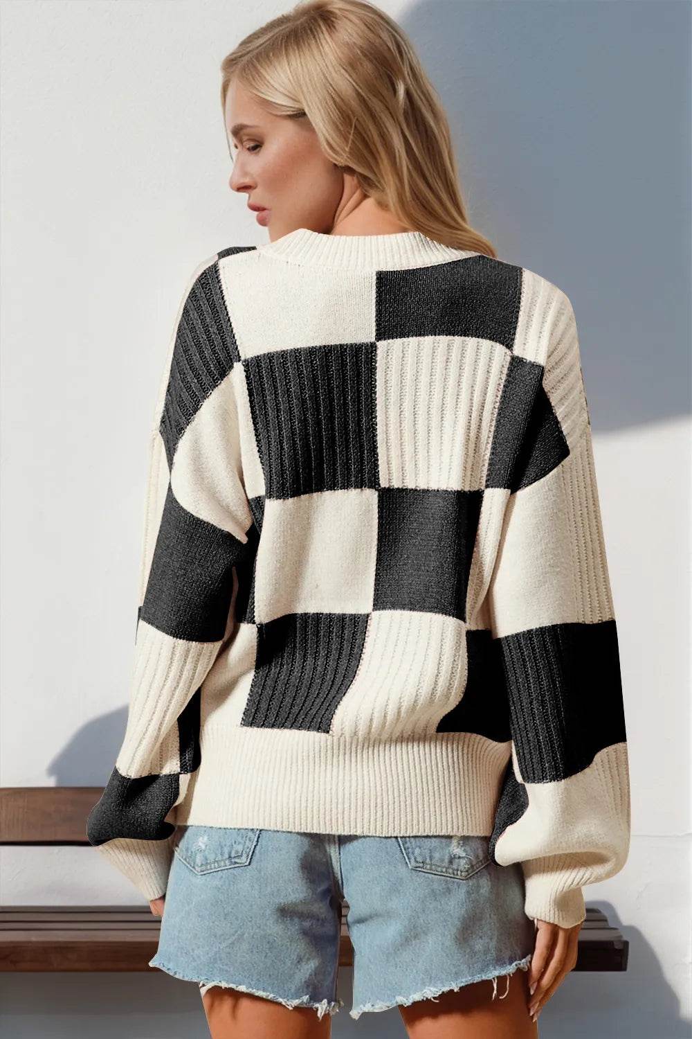 Double Take Full Size Checkered Dropped Shoulder Cardigan - Store 42
