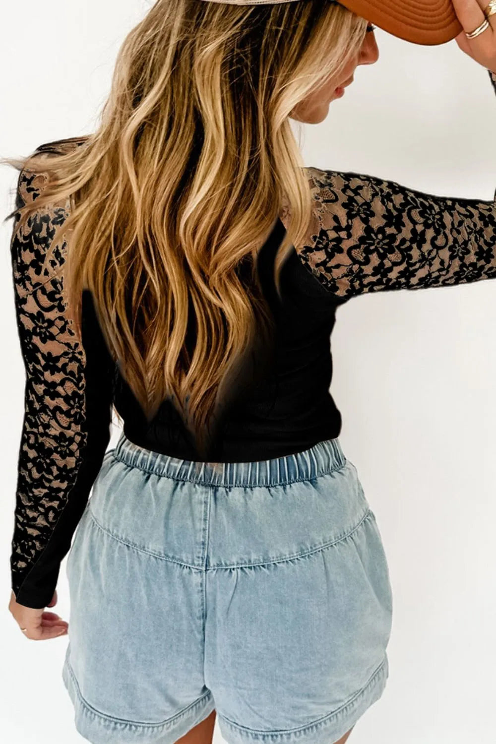 Mock Neck Long Sleeve Semi-Sheer T-Shirt With Lace Patchwork And Slight Stretch - Trendsi
