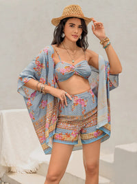 Printed Bra, Shorts and Cover Up Three-Piece Set Light Blue