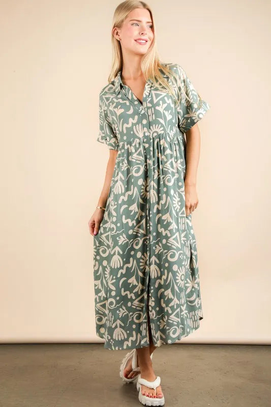 Trendy VERY J Oversized Printed Midi Dress with Buttoned Front and Ruched Details