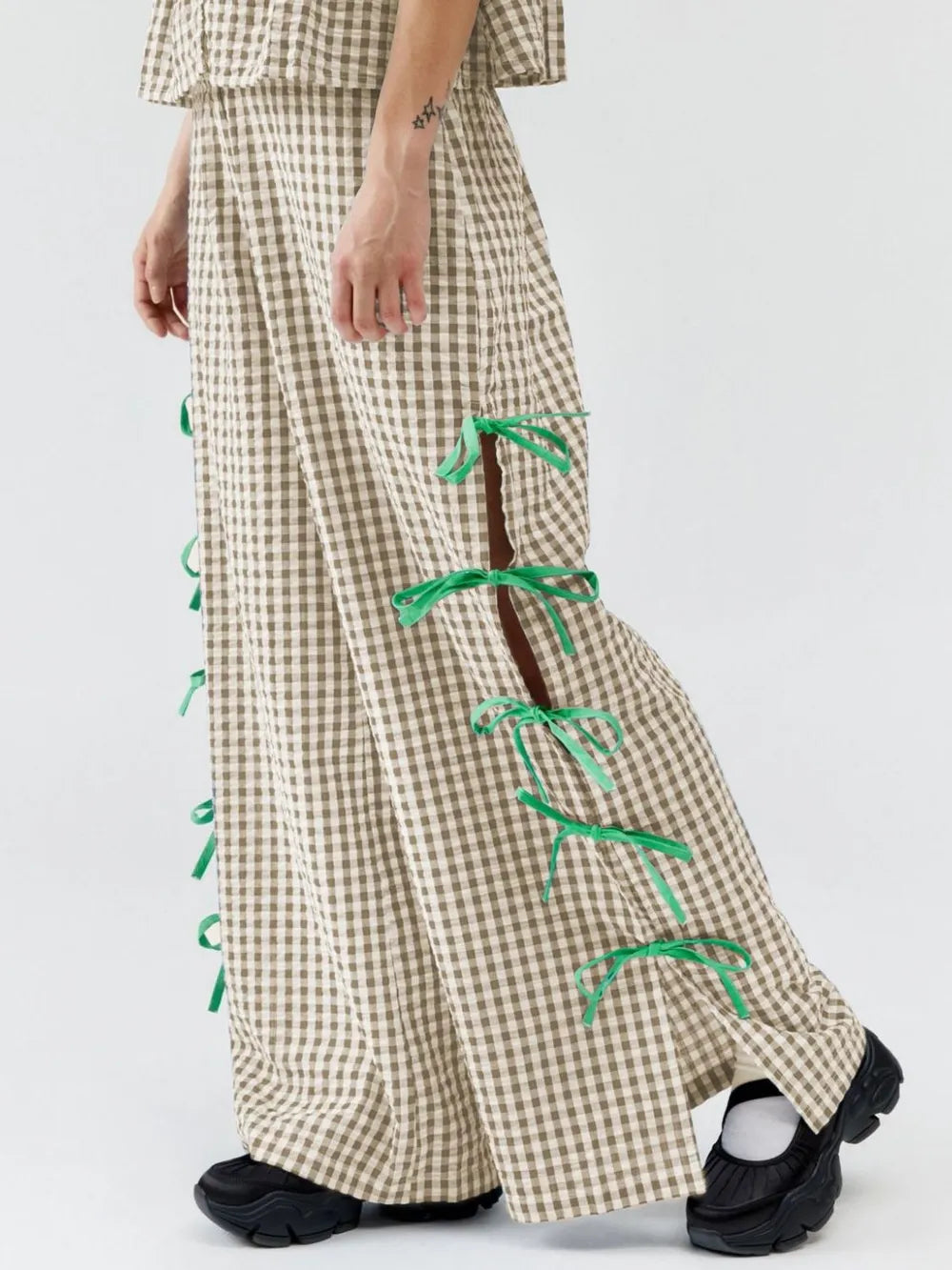 Side Tied Plaid Pants Tan