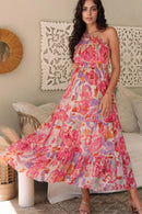 Floral Print Shirred One Shoulder Maxi Dress Floral