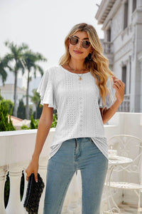 Trendsi Eyelet Flutter Sleeve Semi-Sheer Round Neck Casual Top - 100% Polyester - Store 42
