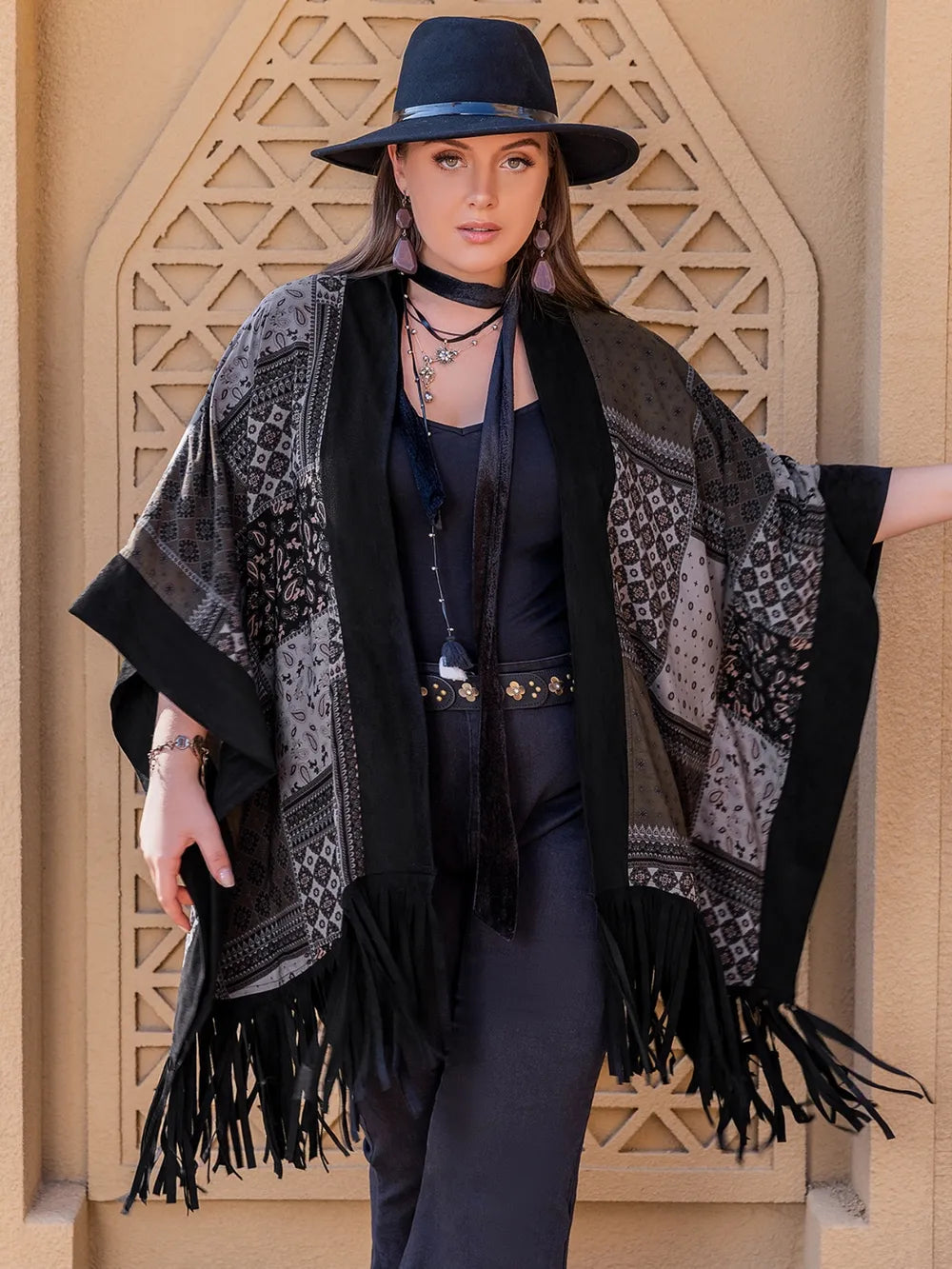 Chic Plus Size Printed Fringe Kimono Outerwear - 100% Polyester, Open Front Style, Machine Washable