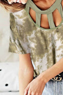 BiBi Tie Dye Print Waffle Top with Contrast Caged Neck - Store 42