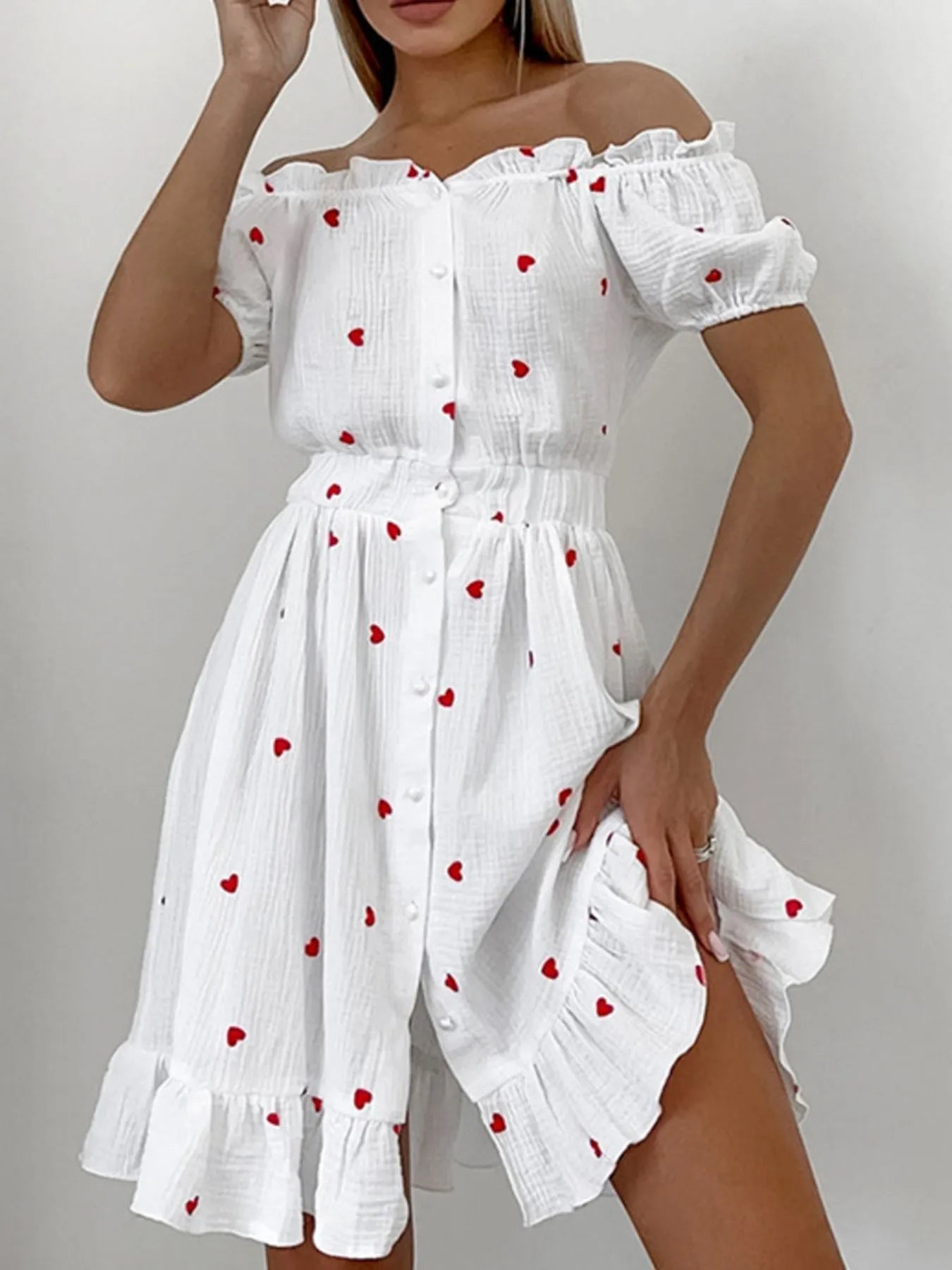 Off-Shoulder Heart Printed Mini Dress with Ruffle Details - 100% Cotton, Lined, Buttoned Features