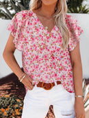 Full Size Flutter Sleeve Floral V-Neck Blouse Plus Size - Store 42