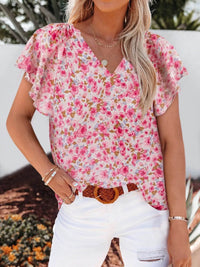 Full Size Flutter Sleeve Floral V-Neck Blouse Plus Size - Store 42